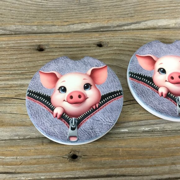 Pig Peek-a-Boo Zipper Car Coasters Set of 2 - Picture 4 of 6